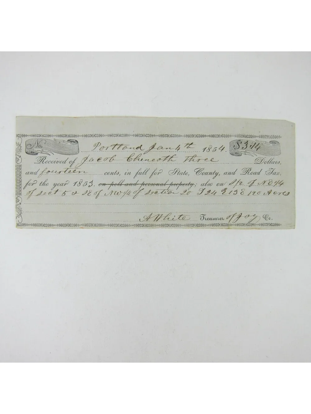Portland Indiana Jay County Property Tax Bill Treasurer White Antique 1854 RARE